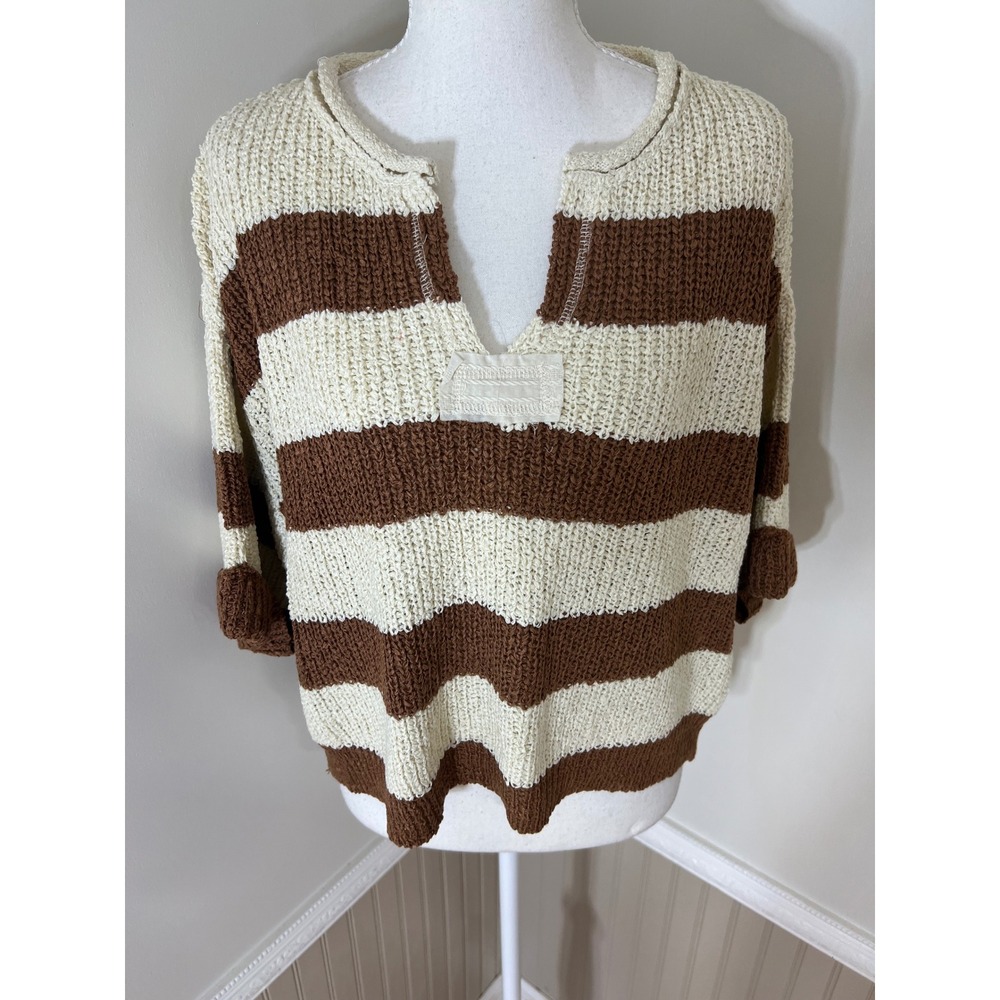 Zenana Striped Loose Knit V-Neck Sweater Brown Cream Short Sleeve S/M - Picture 3 of 11